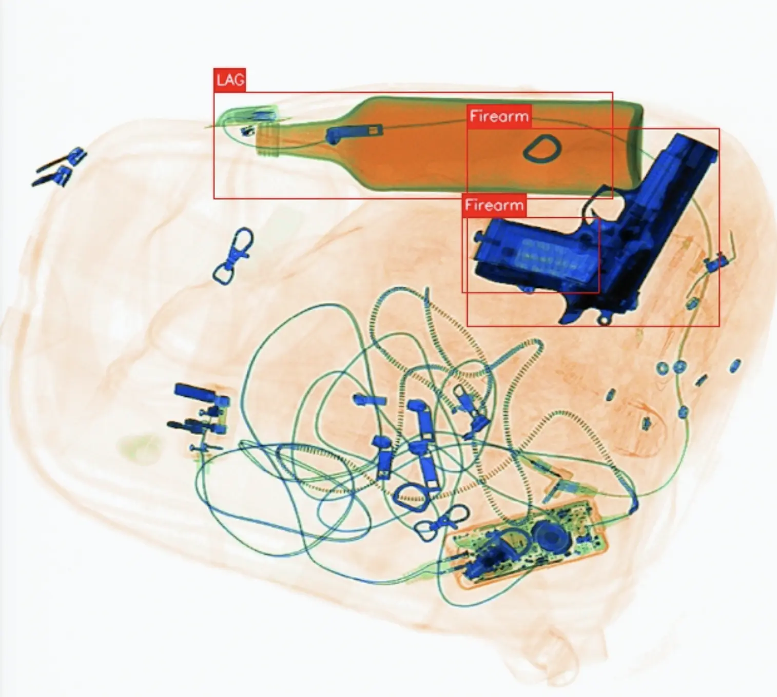 AI X-ray detection flagging a firearm and liquid threat in a bag