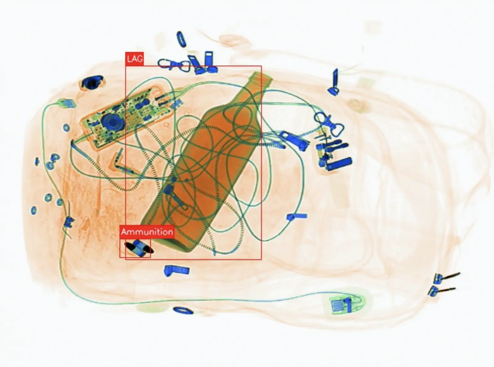 AI X-ray detection flagging liquids, aerosols, gels and ammunition