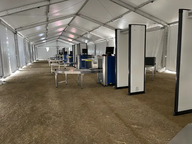 Security checkpoint in a tent at the Commonwealth Games