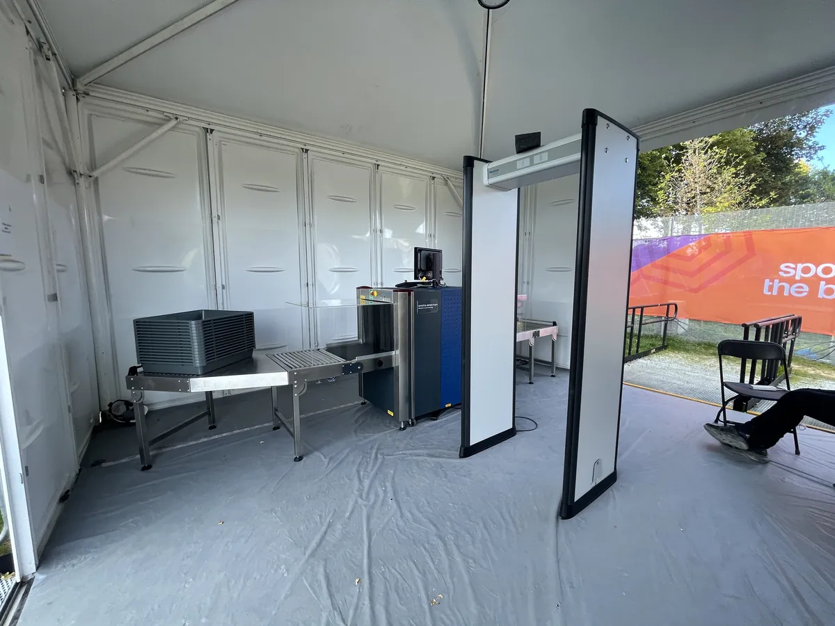 RedteQ screening checkpoint built inside a marquee for the Commonwealth Games
