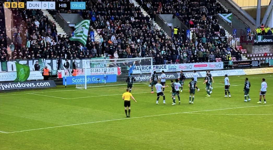 RedteQ pitch-side advertising visible during BBC Scotland's coverage of Dunfermline Athletic