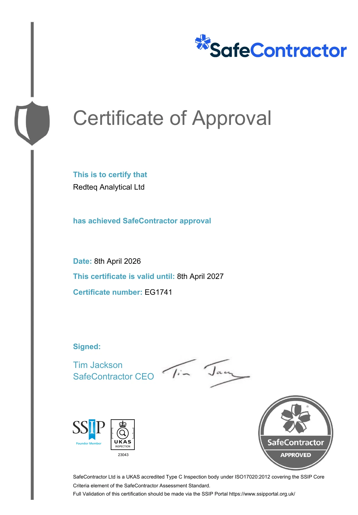 RedteQ SafeContractor Certificate of Approval 2026, certificate EG1741, valid to 8 April 2027