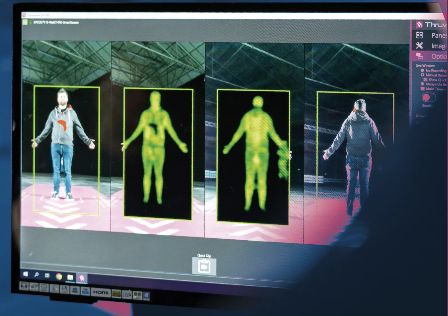 Thruvision operator screen showing live video beside real raw terahertz imagery of walking subjects